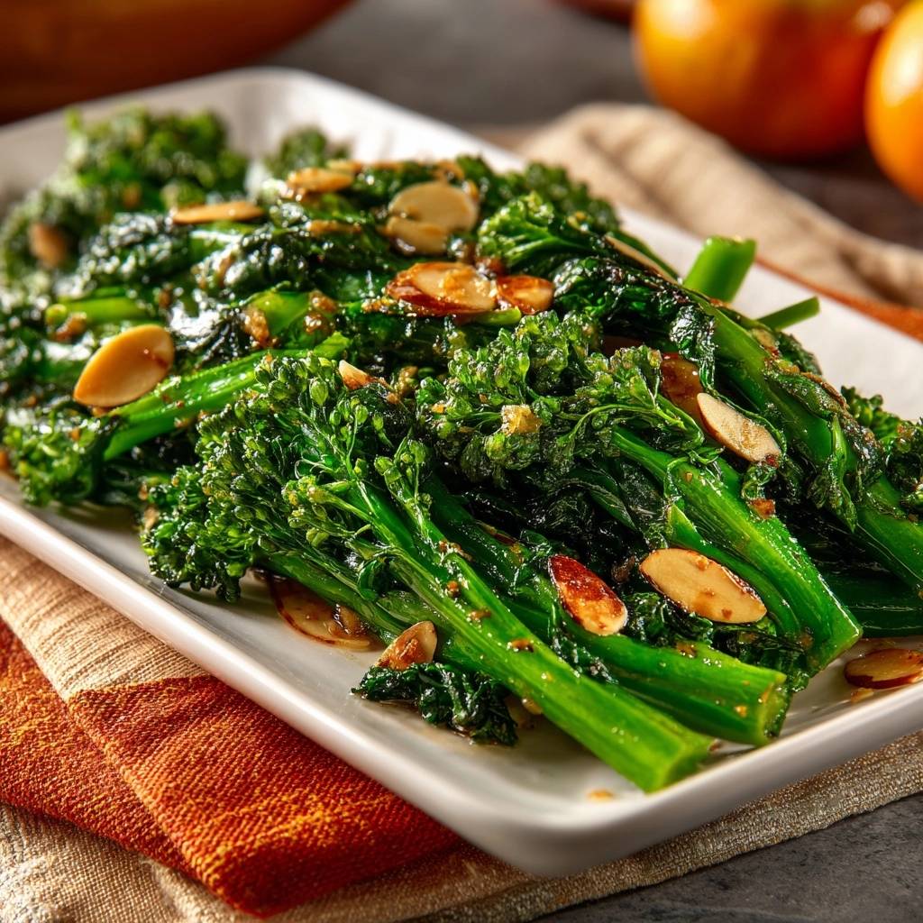 Garlicky broccolini with toasted almonds served on a white plate, showing a close-up view of the tender stalks.