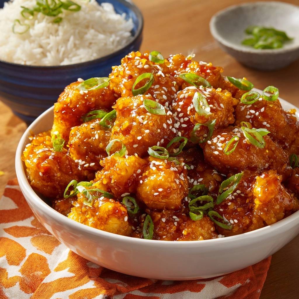 General Tso's cauliflower served in a bowl, generously garnished with sesame seeds and sliced green onions.
