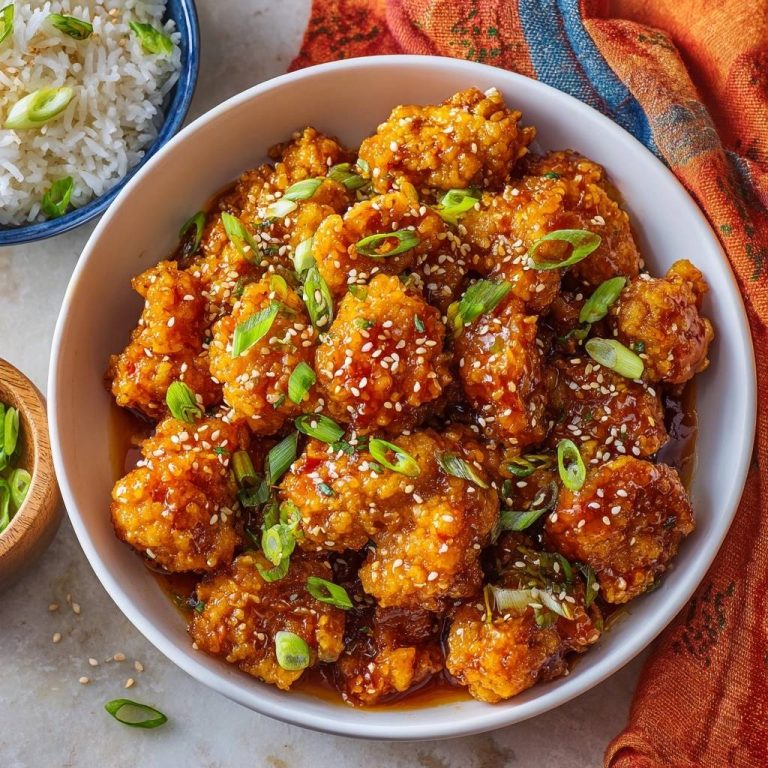 General Tso's cauliflower arranged in a bowl, garnished with sesame seeds and chopped green onions.
