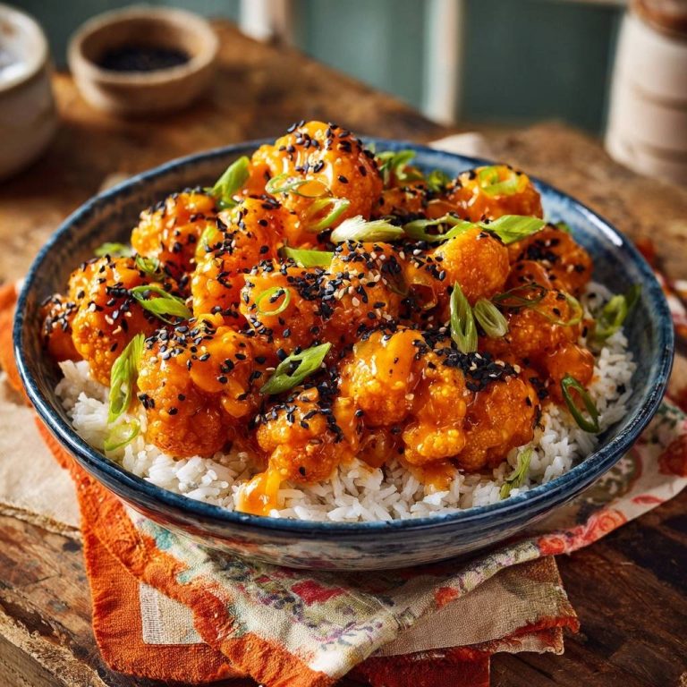 General Tso's Cauliflower served over rice in a bowl, generously garnished with sesame seeds and scallions.