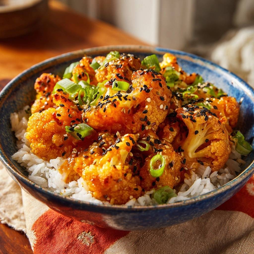 General Tso's Cauliflower served over rice, generously garnished with sesame seeds and sliced green onions.