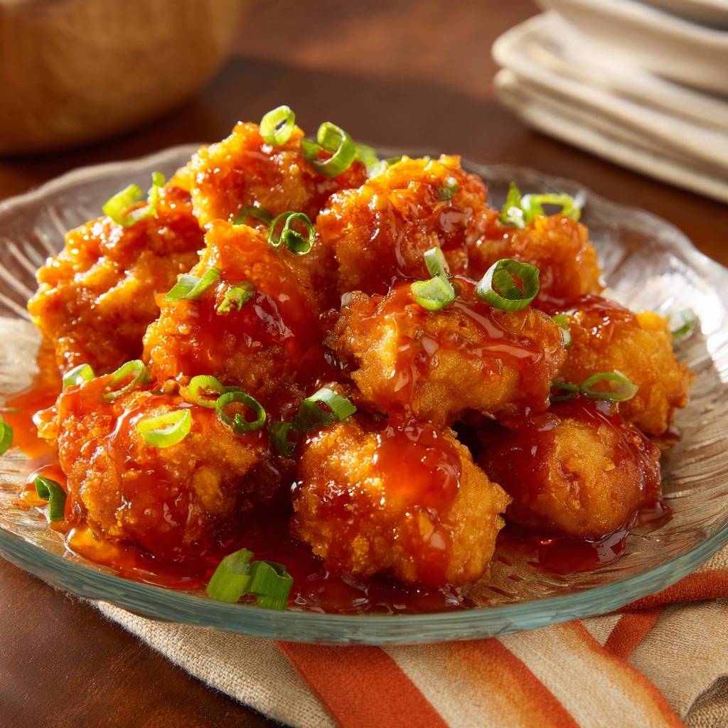 Crispy General Tso's Chicken glazed with sweet and spicy sauce and garnished with chopped green onions.