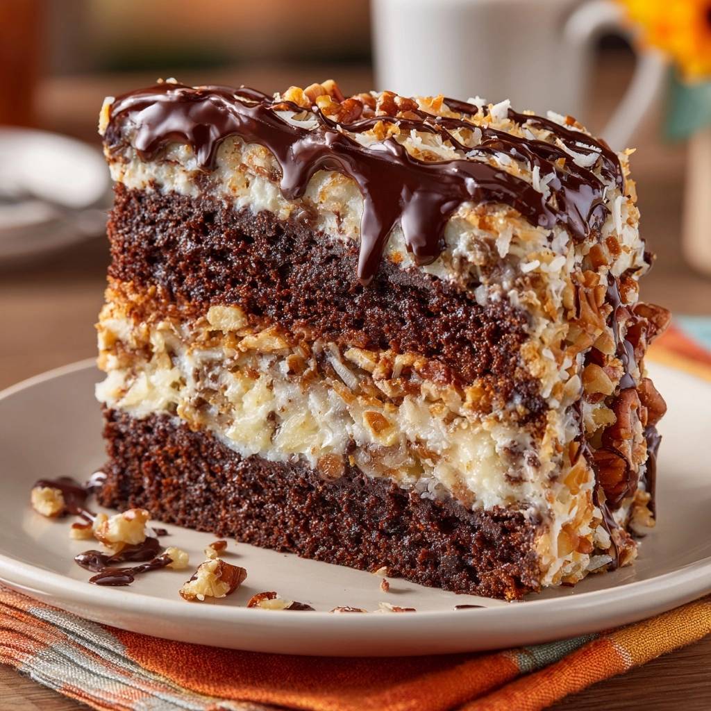 Perfect German Chocolate Cake with thick frosting shown as a detailed cross-section slice on a plate.
