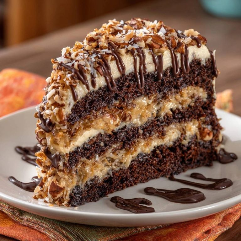German chocolate cake with thick frosting shown as a decadent slice revealing its rich layers and coconut-pecan filling.
