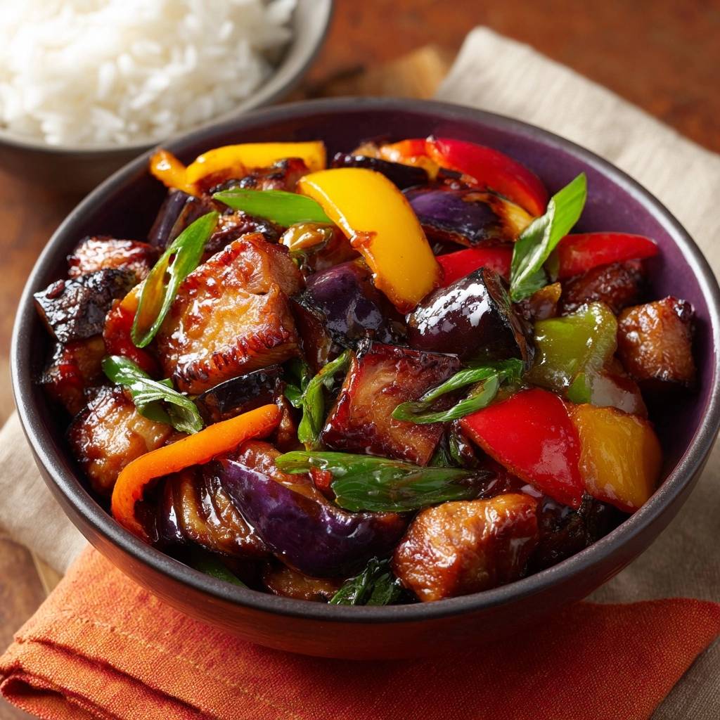 Glazed eggplant pepper stir-fry in a bowl, showcasing tender eggplant cubes and vibrant bell peppers with a glossy sauce.