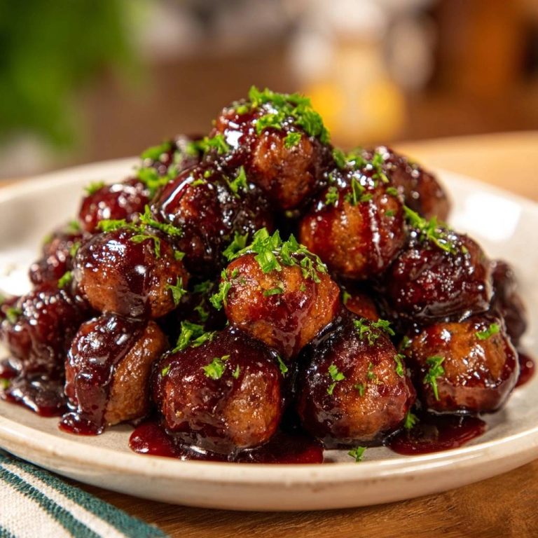 Glazed party meatballs are piled high on a plate, generously coated in sauce and sprinkled with fresh parsley garnish.