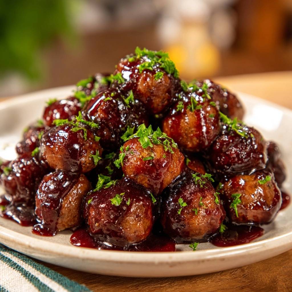 Glazed party meatballs are piled high on a plate, generously coated in sauce and sprinkled with fresh parsley garnish.