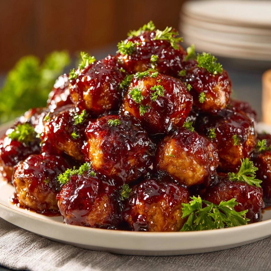 Glazed party meatballs are piled high on a plate, showcasing a rich, glossy sauce and fresh parsley garnish.