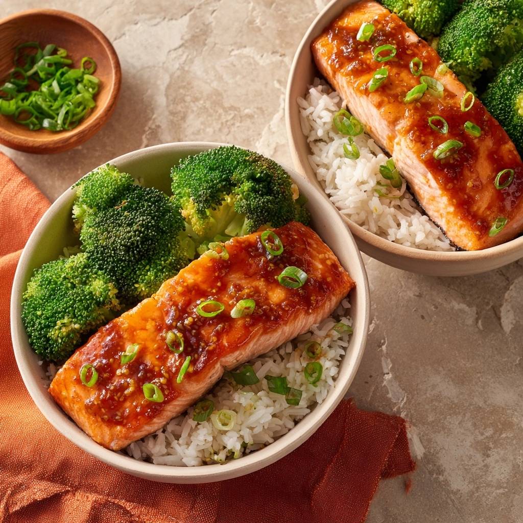 Glazed salmon and broccoli rice bowls shown from a top view, garnished with chopped green onions.