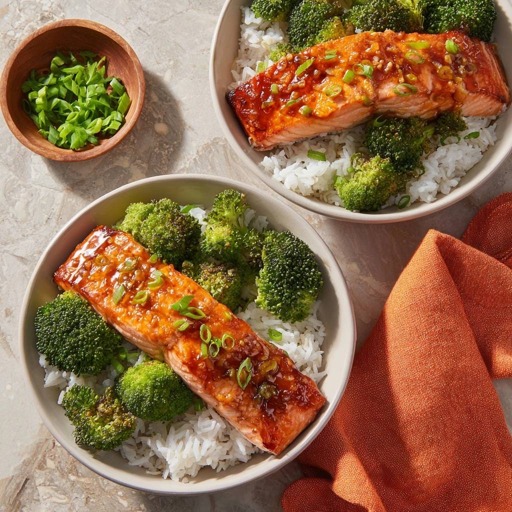 Glazed salmon and broccoli rice bowls shown from an overhead view, with a side of chopped scallions.
