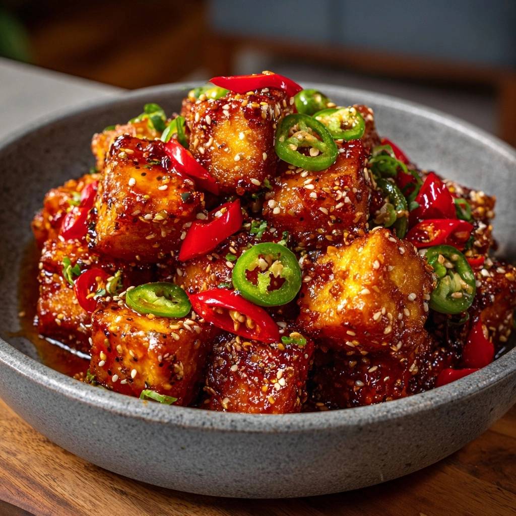 Crispy gochujang tofu garnished with sliced red and green chilies and sesame seeds in a bowl.