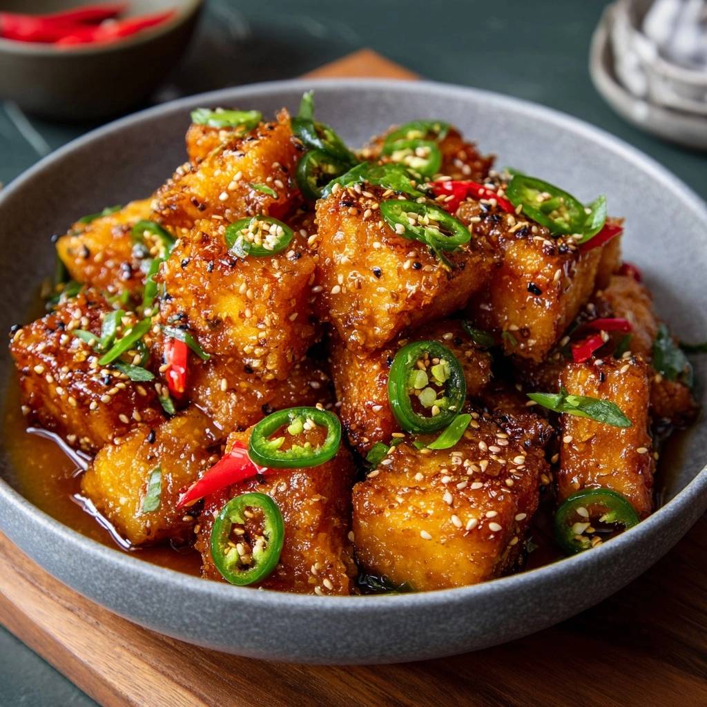 Crispy gochujang tofu glazed with sesame and garnished with sliced chili peppers and green onions.
