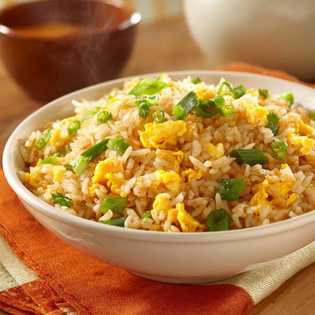 Golden egg fried rice served in a white bowl, garnished with chopped green onions, showcasing individual grains and fluffy egg.