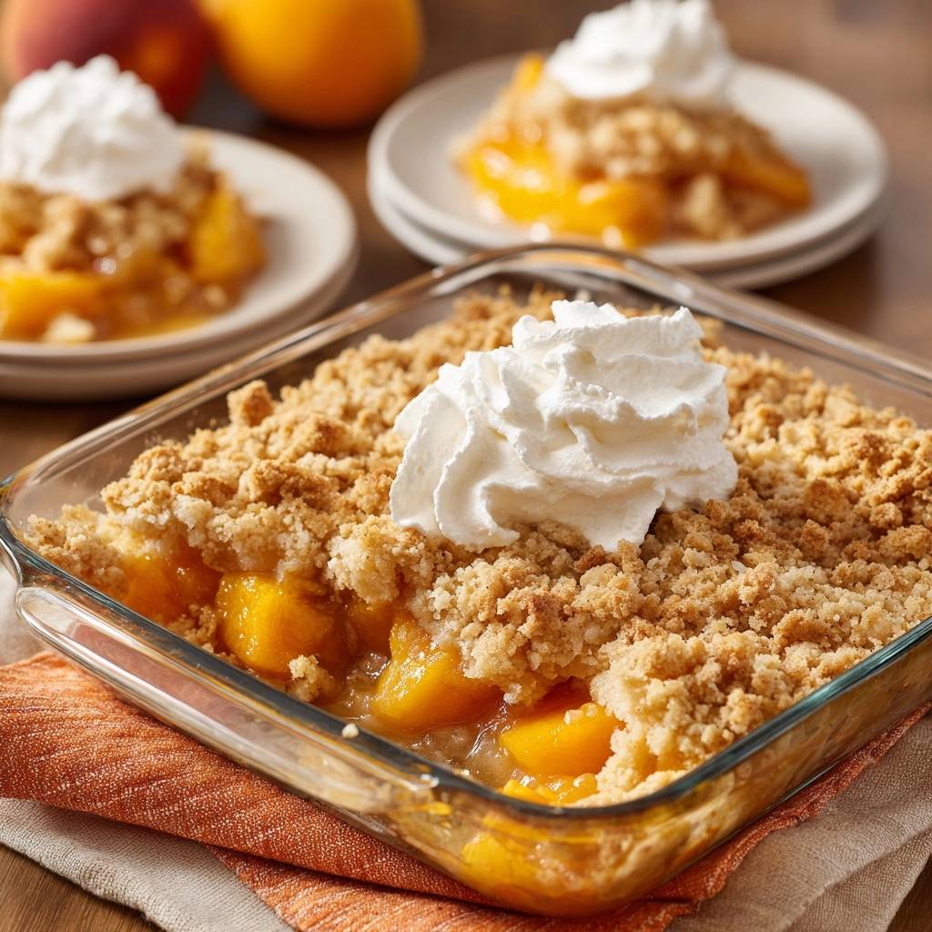 Golden Peach Crumble in a glass baking dish, topped with a dollop of whipped cream.
