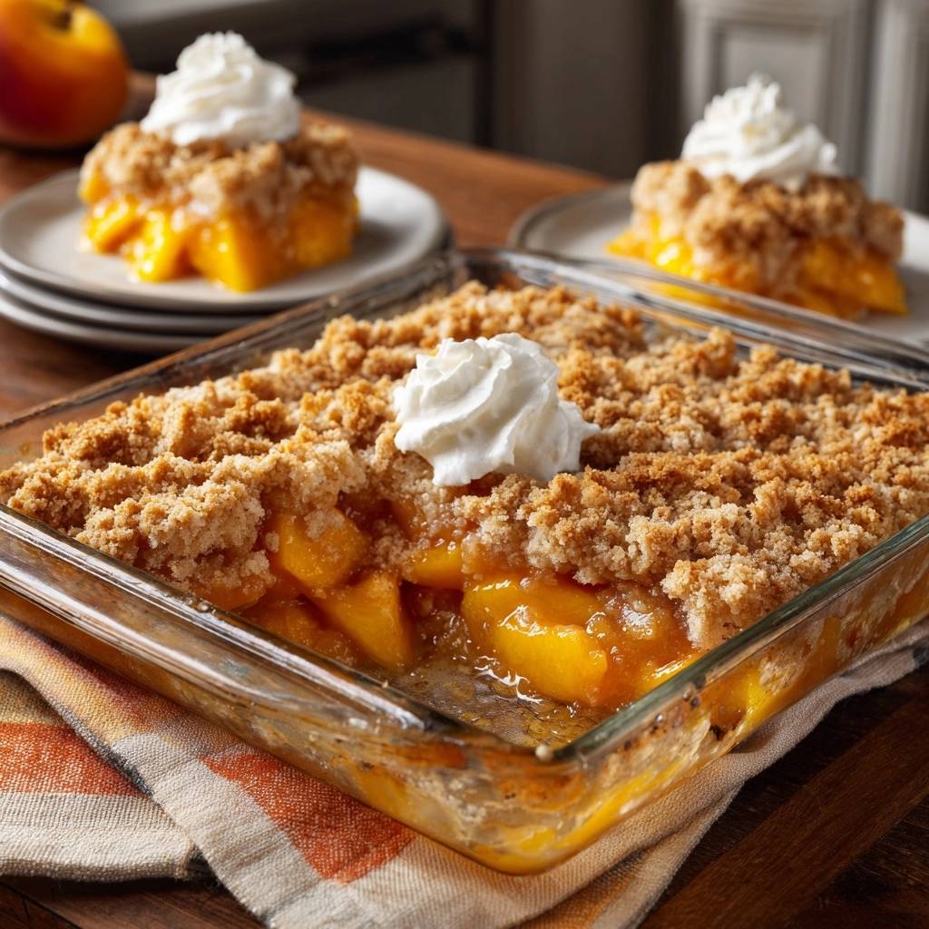 Golden Peach Crumble in a glass baking dish, topped with whipped cream and a crumble topping.