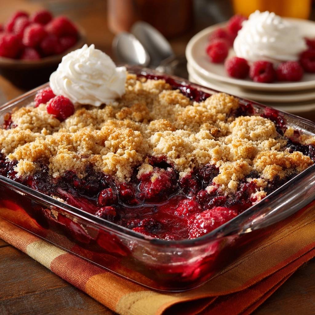 The ultimate golden raspberry crumble topped with whipped cream and fresh raspberries, served in a glass baking dish.