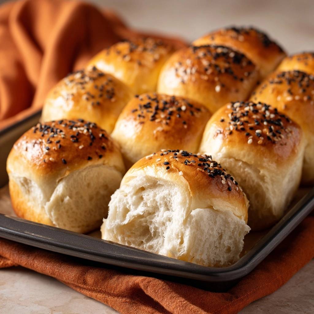 Golden sesame dinner rolls with a close-up cross-section revealing a soft, fluffy interior texture.