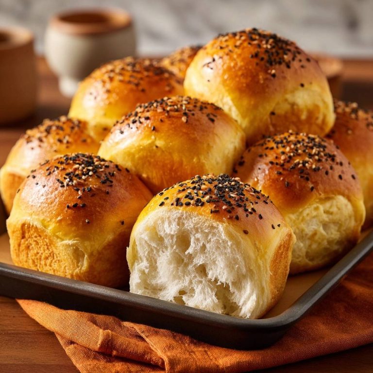 Golden sesame dinner rolls with the fail-safe rise technique, showing a close-up of one roll split open to reveal its fluffy interior.
