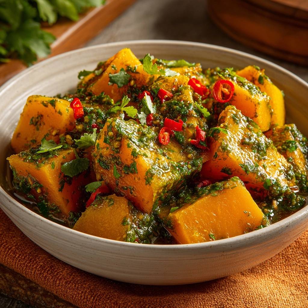 Green pumpkin curry featuring tender chunks coated in a vibrant, herbaceous sauce with red chili slices.