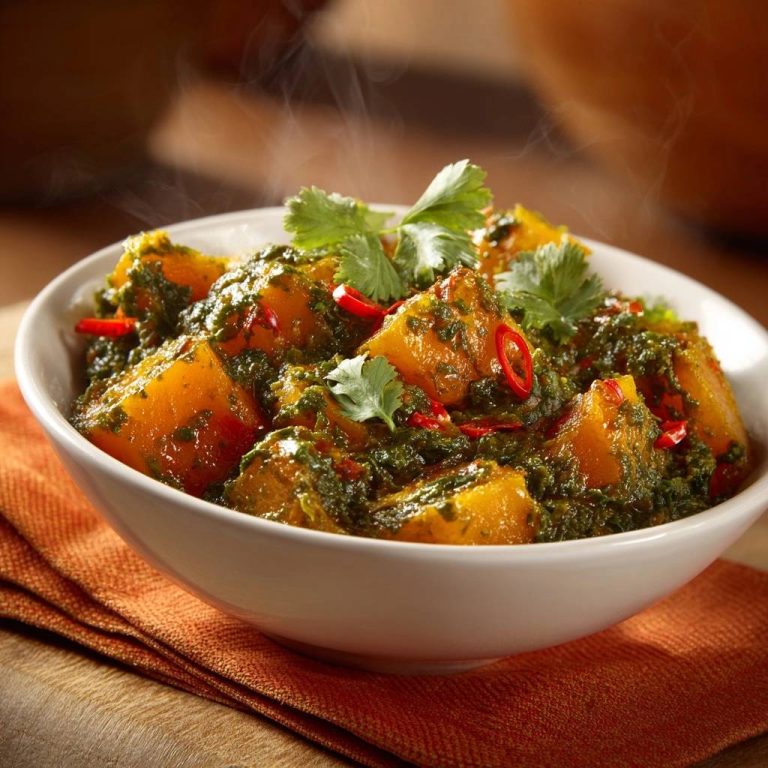 Green pumpkin curry with tender chunks and vibrant sauce, steaming in a white bowl with fresh cilantro garnish.