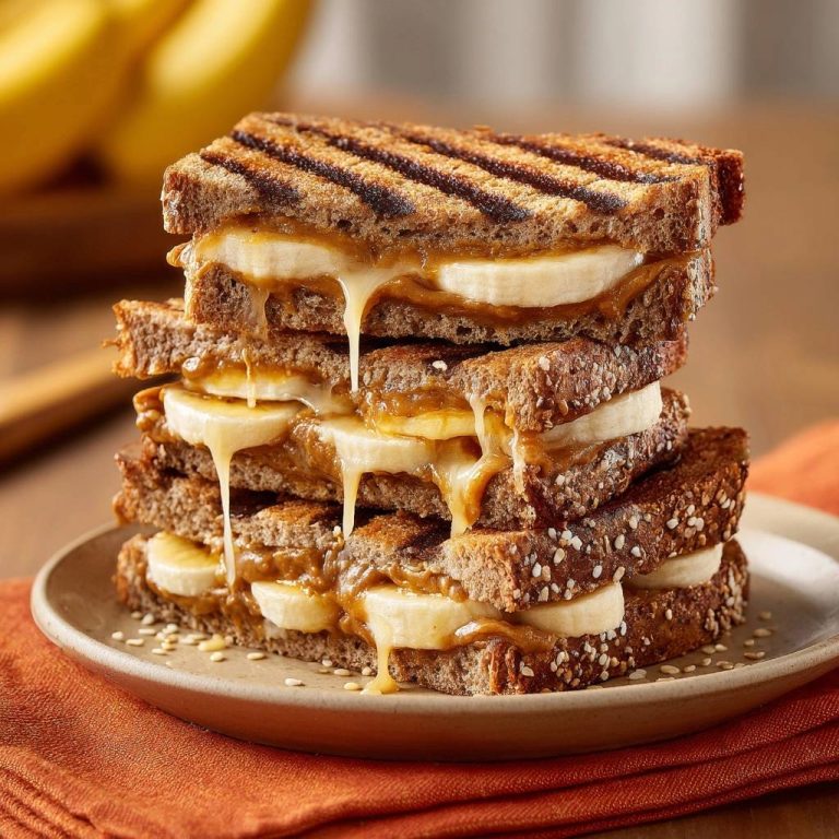 The ultimate grilled peanut butter, banana, and brie panini stack with melted brie oozing down the sides.