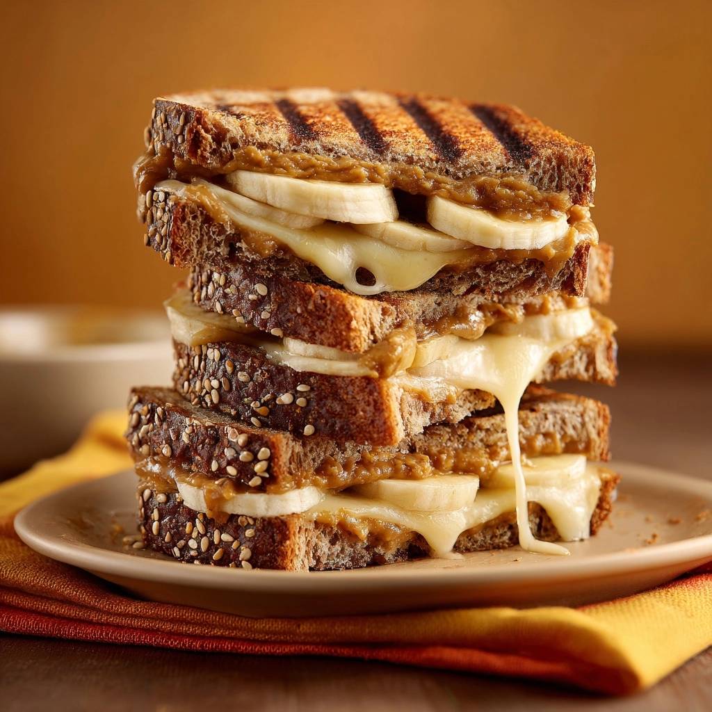The Ultimate Grilled Peanut Butter, Banana, and Brie Panini shown stacked with a gooey cross-section revealing melted brie.