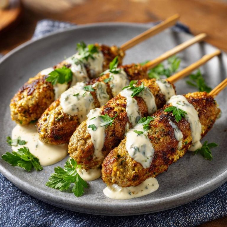 Mediterranean ground chicken kofta skewers are generously drizzled with a creamy herb sauce and garnished with fresh parsley.