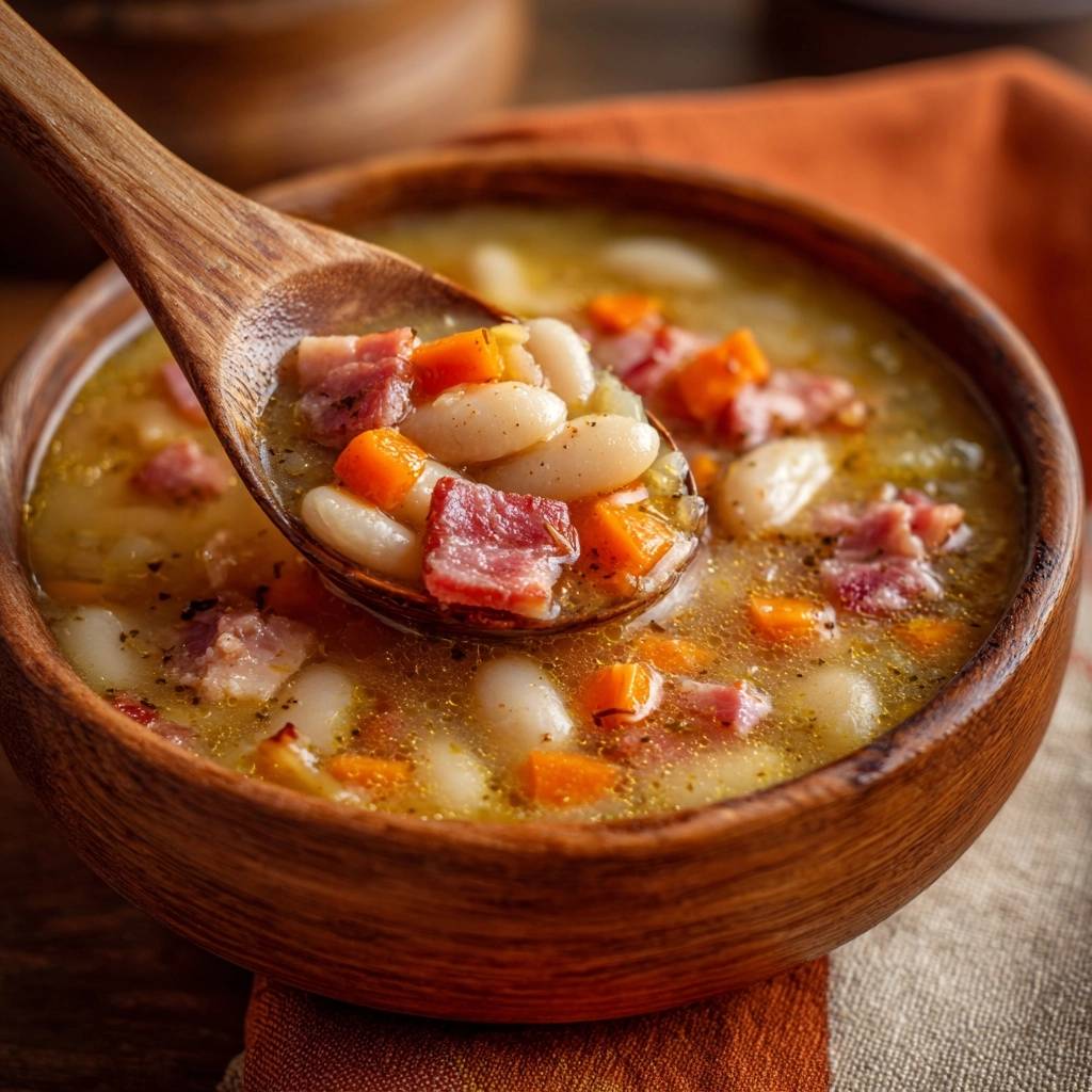 Ham and white bean soup shown in a wooden bowl with a spoonful showing beans, carrots, and ham.