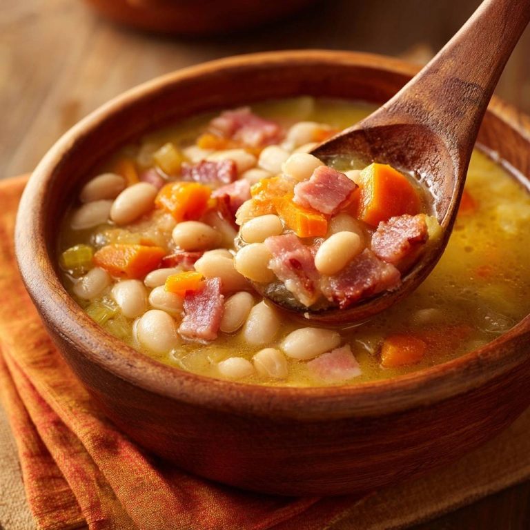 Ham and white bean soup with carrots and celery, a spoonful is lifted from the wooden bowl.