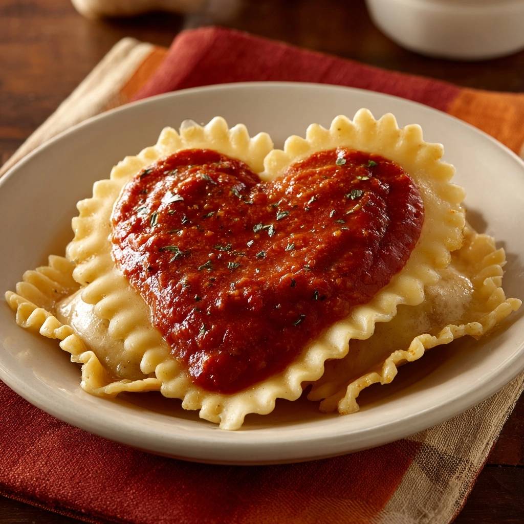 Heart-shaped cheese ravioli with tomato sauce, presented on a plate with a close-up view of the sauce and ravioli edges.