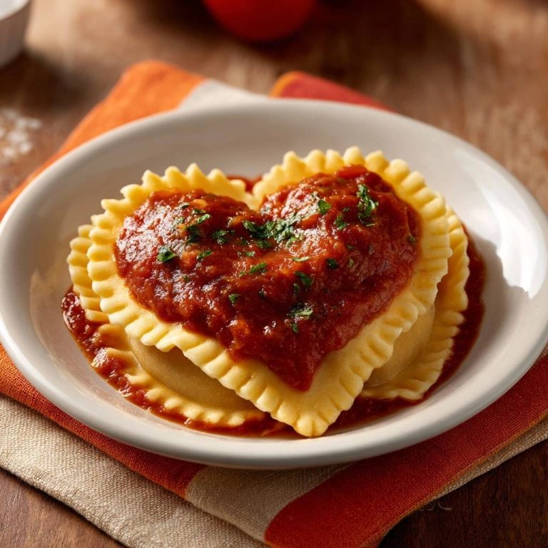 Heart-shaped cheese ravioli with tomato sauce, presented in a white bowl on a striped napkin.