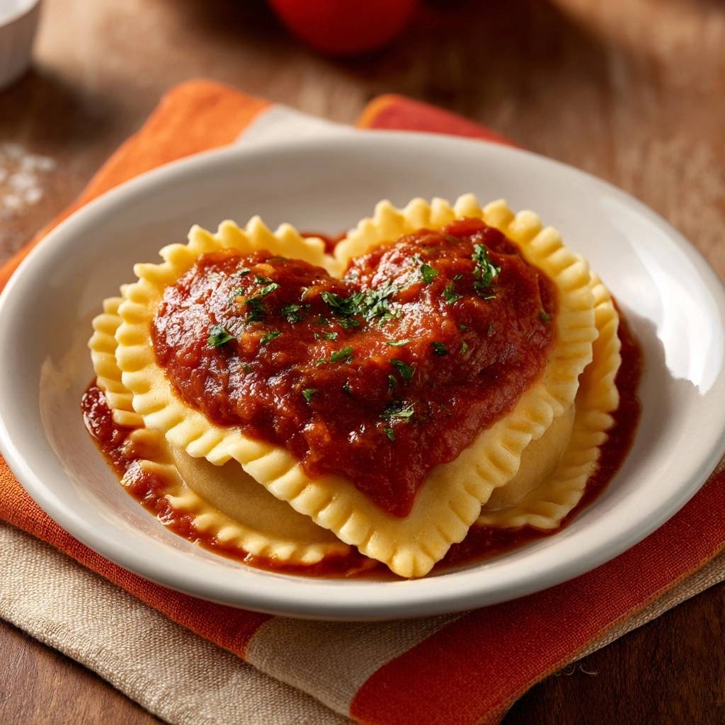 Heart-shaped cheese ravioli with tomato sauce, presented in a white bowl on a striped napkin.
