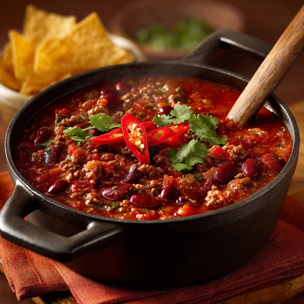 Hearty beef kidney bean chili served in a black Dutch oven, garnished with chili slices and cilantro.