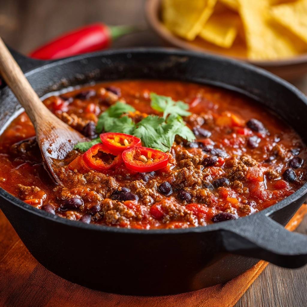 Hearty beef kidney bean chili, thick and spoonable, served in a cast iron pan with a wooden spoon and garnished with chili slices.