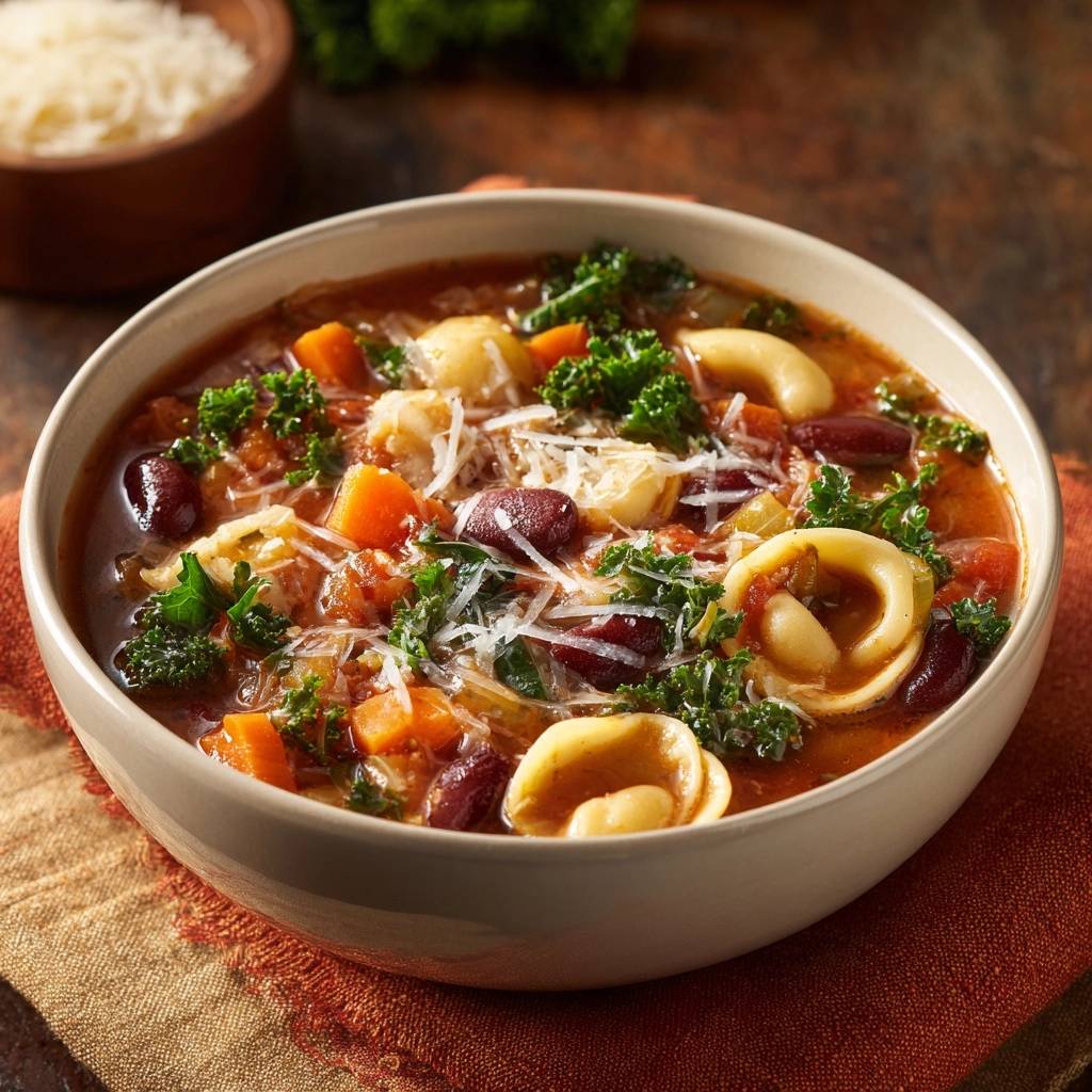 Hearty kale tortellini bean soup in a bowl, featuring a close-up view of pasta, beans, and vegetables with grated cheese.