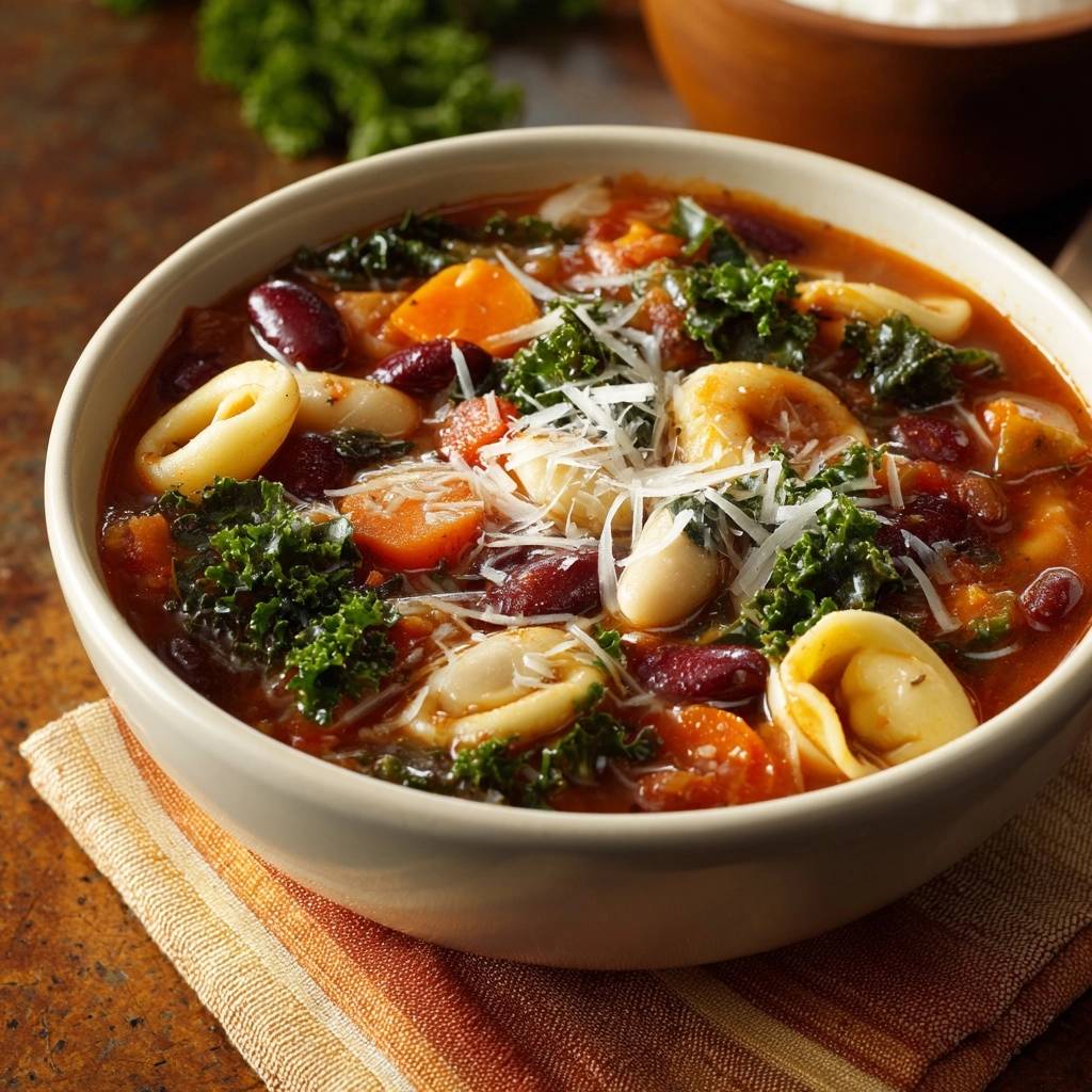 Hearty kale tortellini bean soup in a bowl, showing a close-up view of the tortellini pasta, beans, and kale.