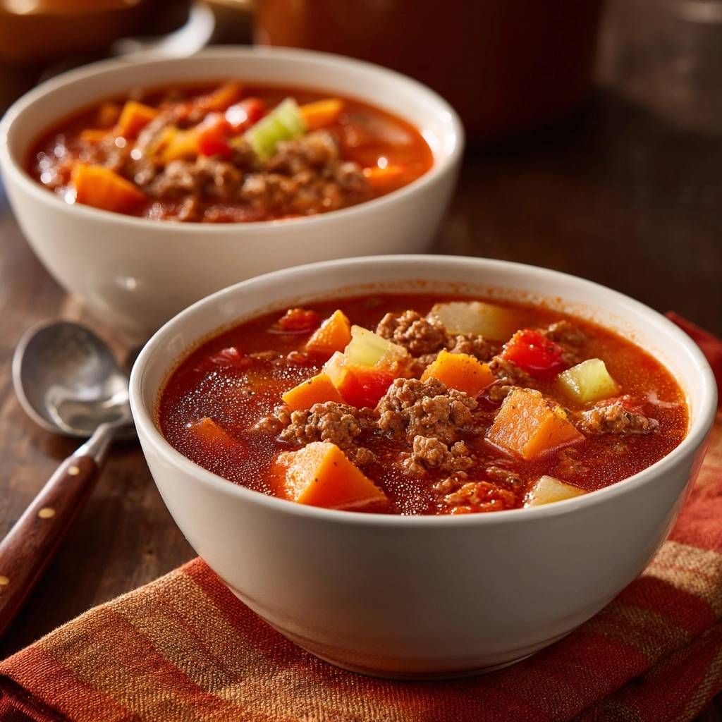 Hearty turkey sausage sweet potato soup served in two white bowls on a wooden table with a spoon.
