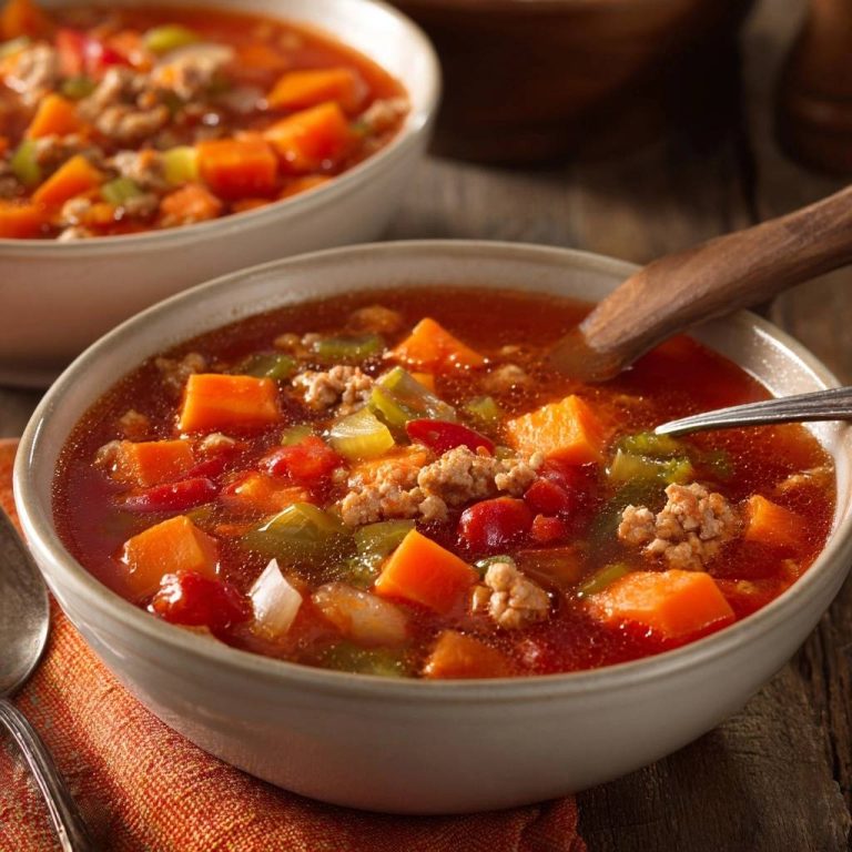 Hearty turkey sausage sweet potato soup served in two bowls on a rustic wooden table.