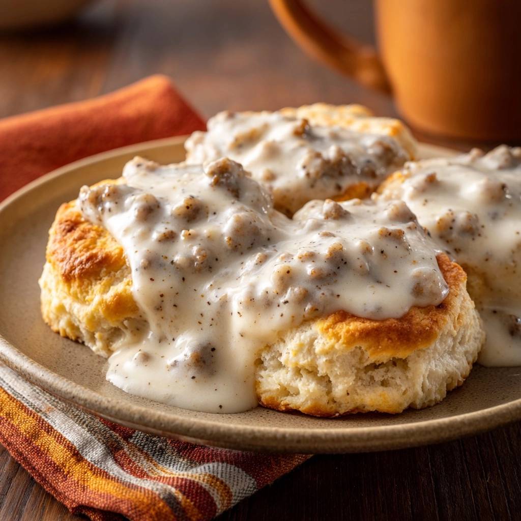 Homemade biscuits and sausage gravy served on a plate, showcasing the fluffy biscuits and creamy, peppery gravy.
