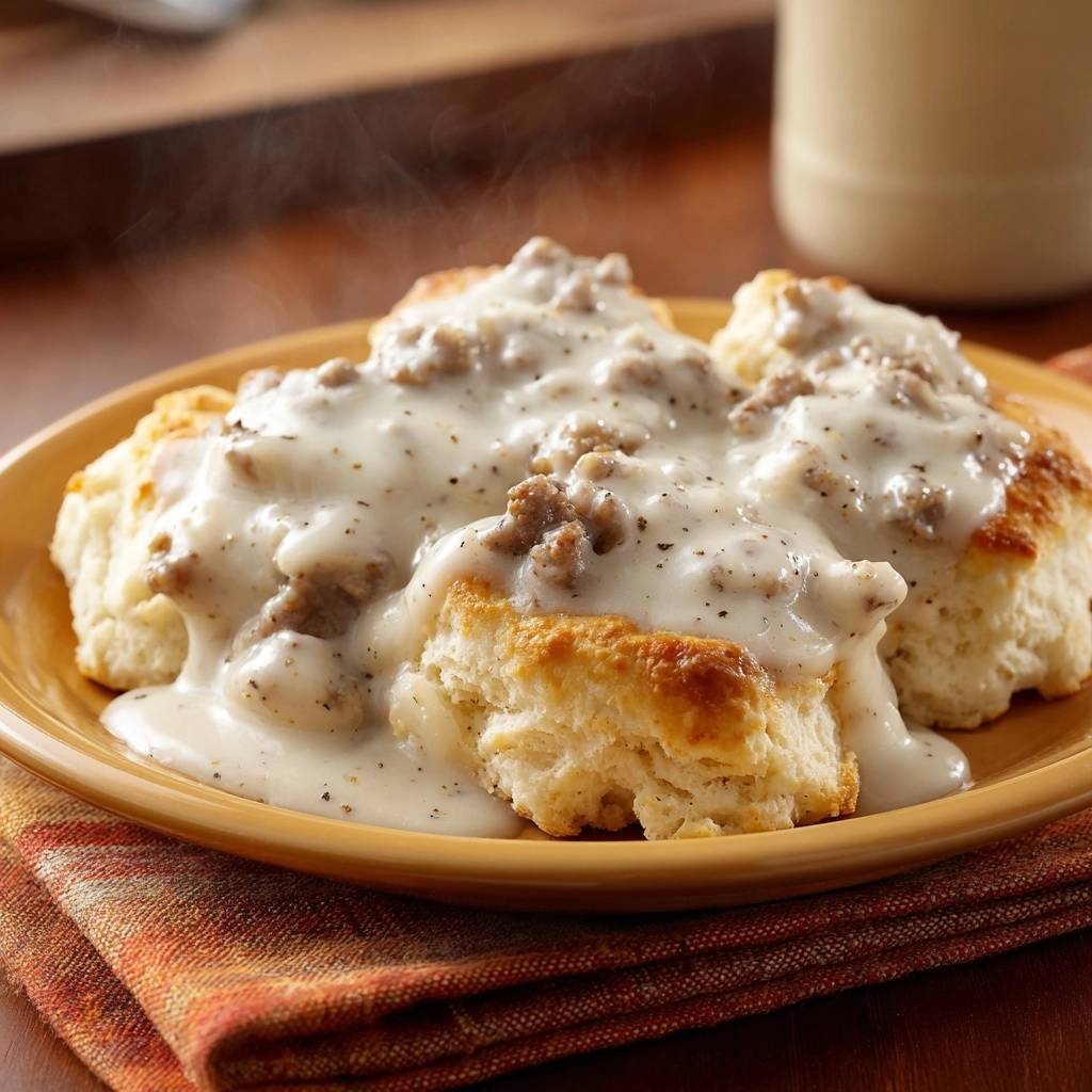 Homemade biscuits and sausage gravy served on a yellow plate with steam rising