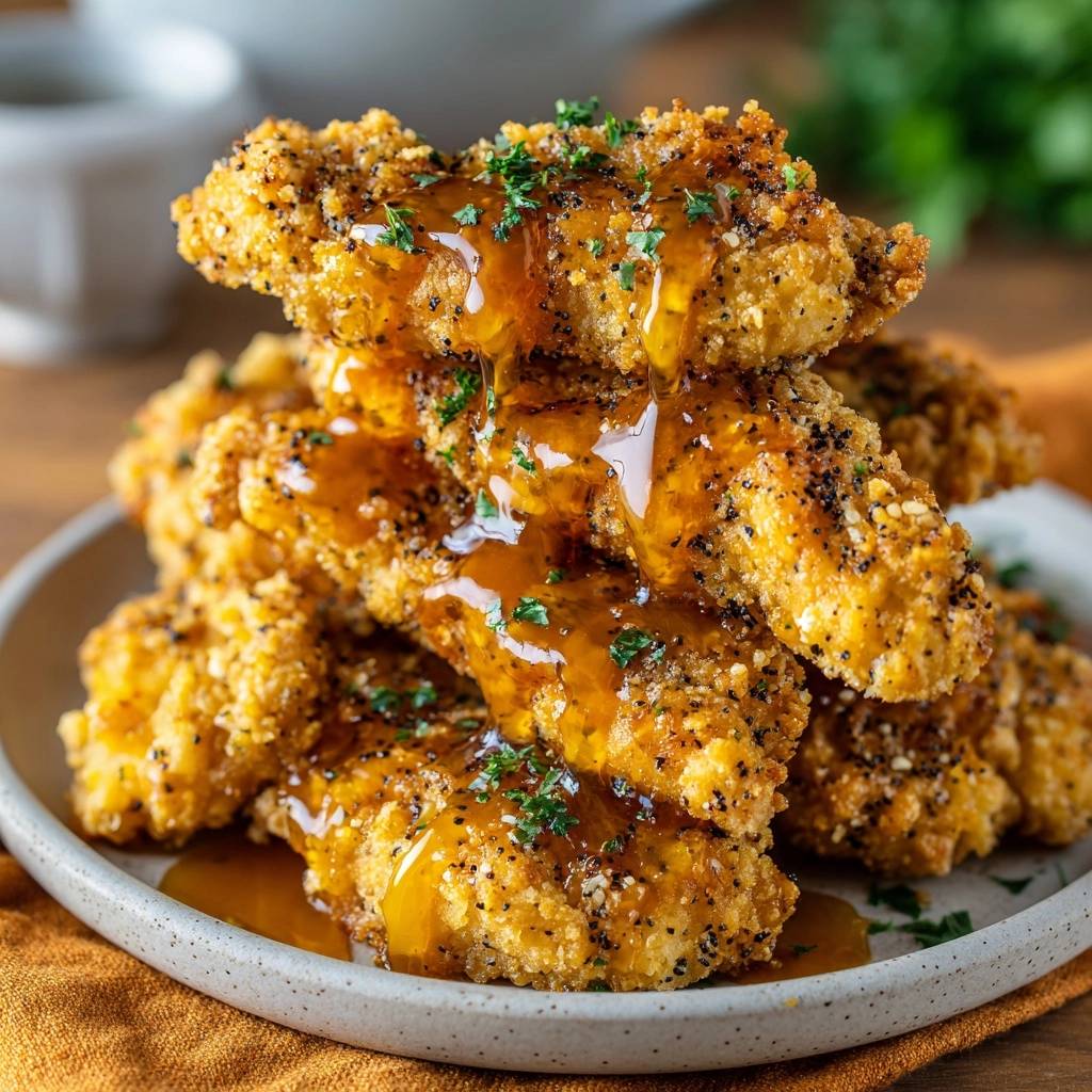 Crispy honey glazed chicken tenders are stacked and drizzled with glaze, garnished with fresh parsley.