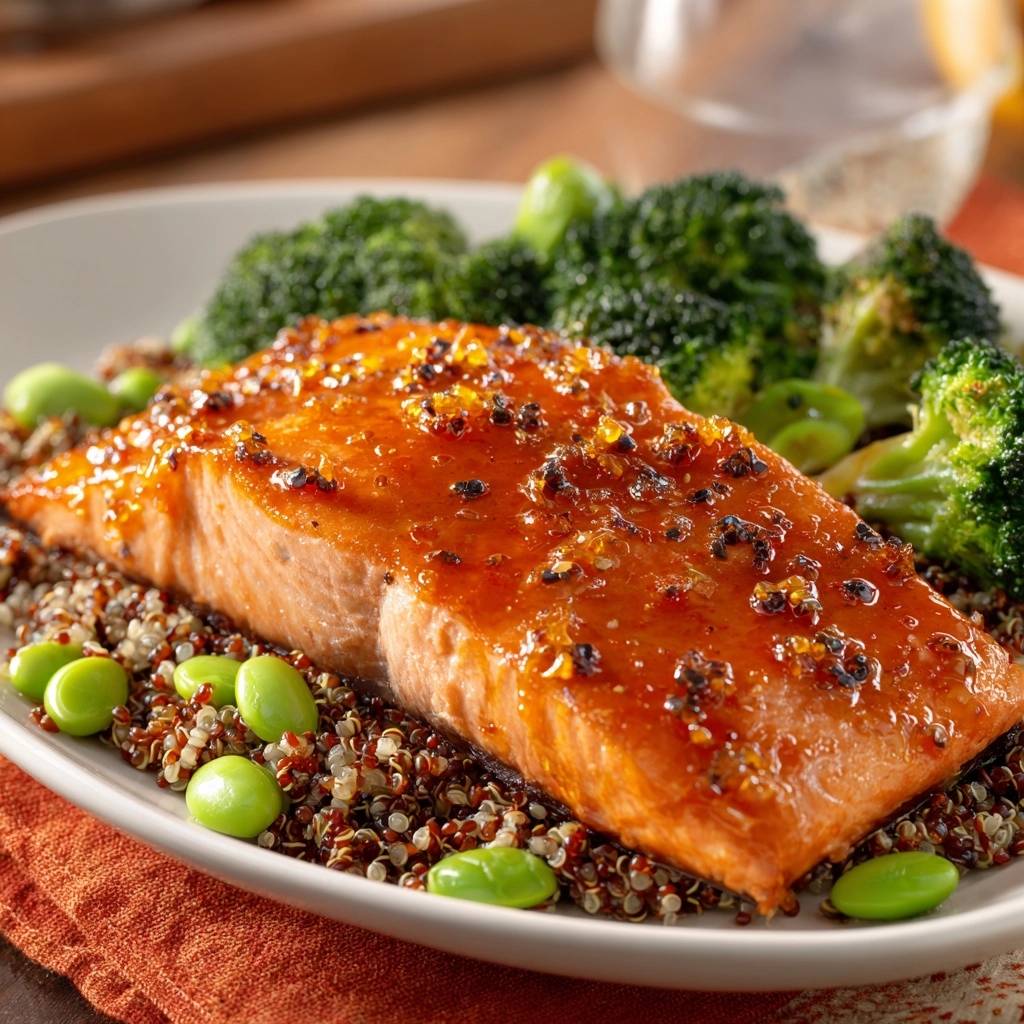 Honey pepper glazed salmon with quinoa, edamame, and broccoli served on a white plate.