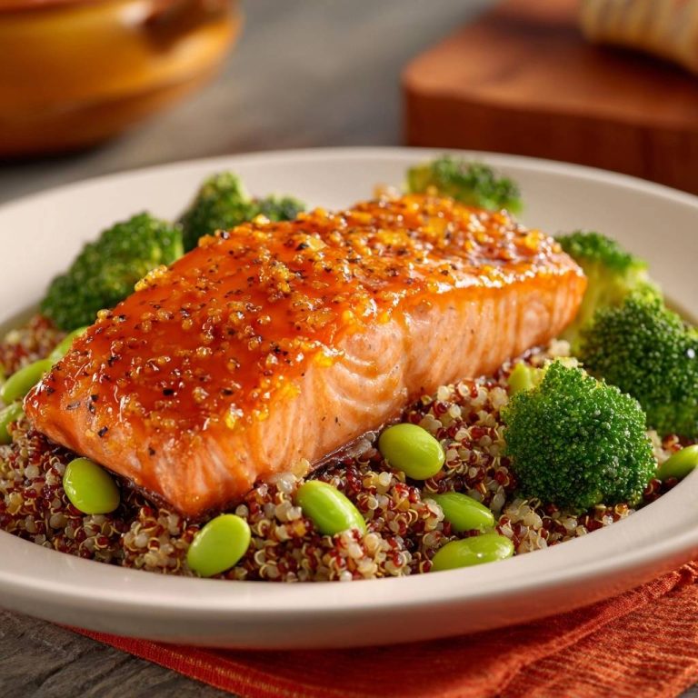 Honey pepper glazed salmon with quinoa, edamame, and broccoli, shown plated in a close-up view.