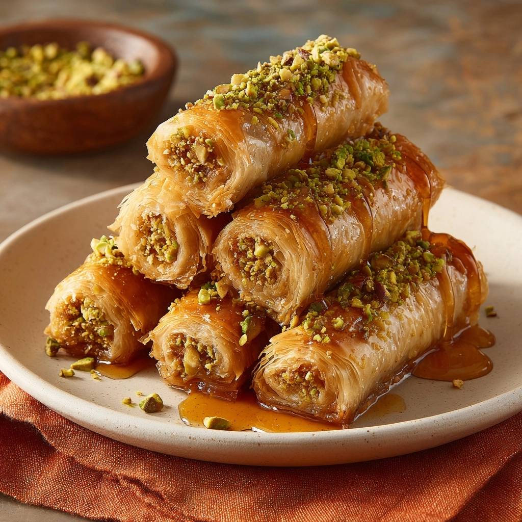 Honey pistachio baklava rolls stacked on a plate, showcasing a close-up view of their flaky layers and pistachio filling.