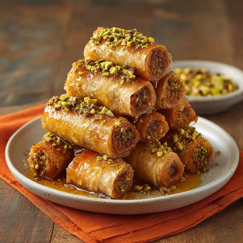 Honey pistachio baklava rolls stacked on a plate, drizzled with syrup and topped with pistachios.