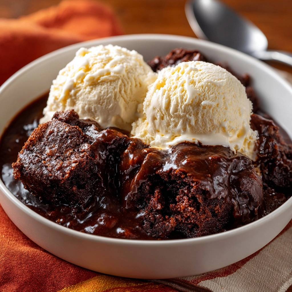 Hot fudge chocolate pudding cake served warm with two scoops of vanilla ice cream melting into the rich chocolate sauce.