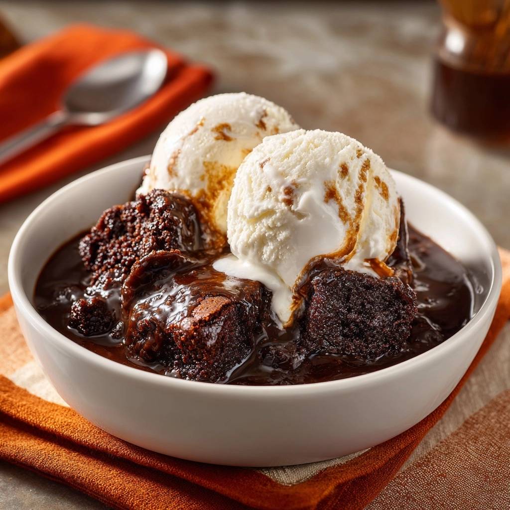 Hot fudge chocolate pudding cake with melting vanilla ice cream scoops in a white bowl.