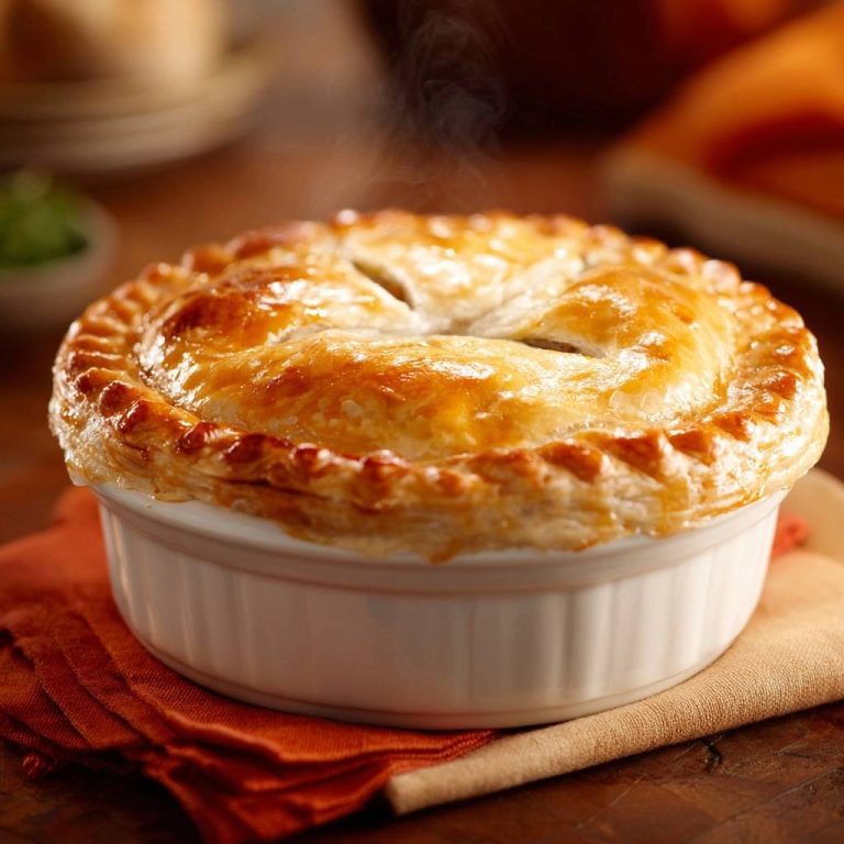 Individual chicken pot pie with a golden, flaky crust and steam rising, presented in a white ramekin.
