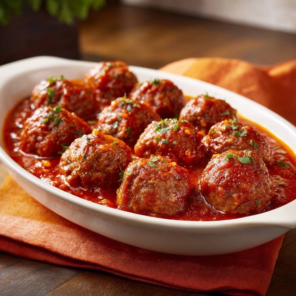 Tender slow simmered Italian meatballs in a rich tomato sauce, garnished with fresh parsley, shown in a close-up view.