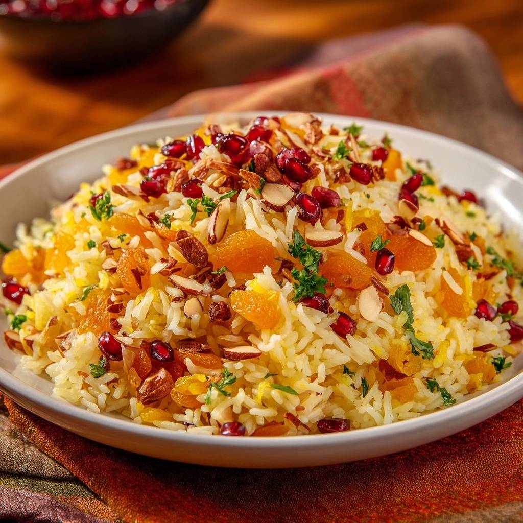 Jeweled apricot rice, a fluffy Persian-inspired delight, is shown in a close-up view, generously garnished with pomegranate seeds, almonds, and parsley.